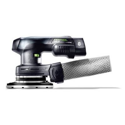 En sladdlös elektronisk slipmaskin med en elegant svart design, utrustad med ett strukturerat grepp och märkt 'FESTOOL'. Den har ett löstagbart dammfilter.