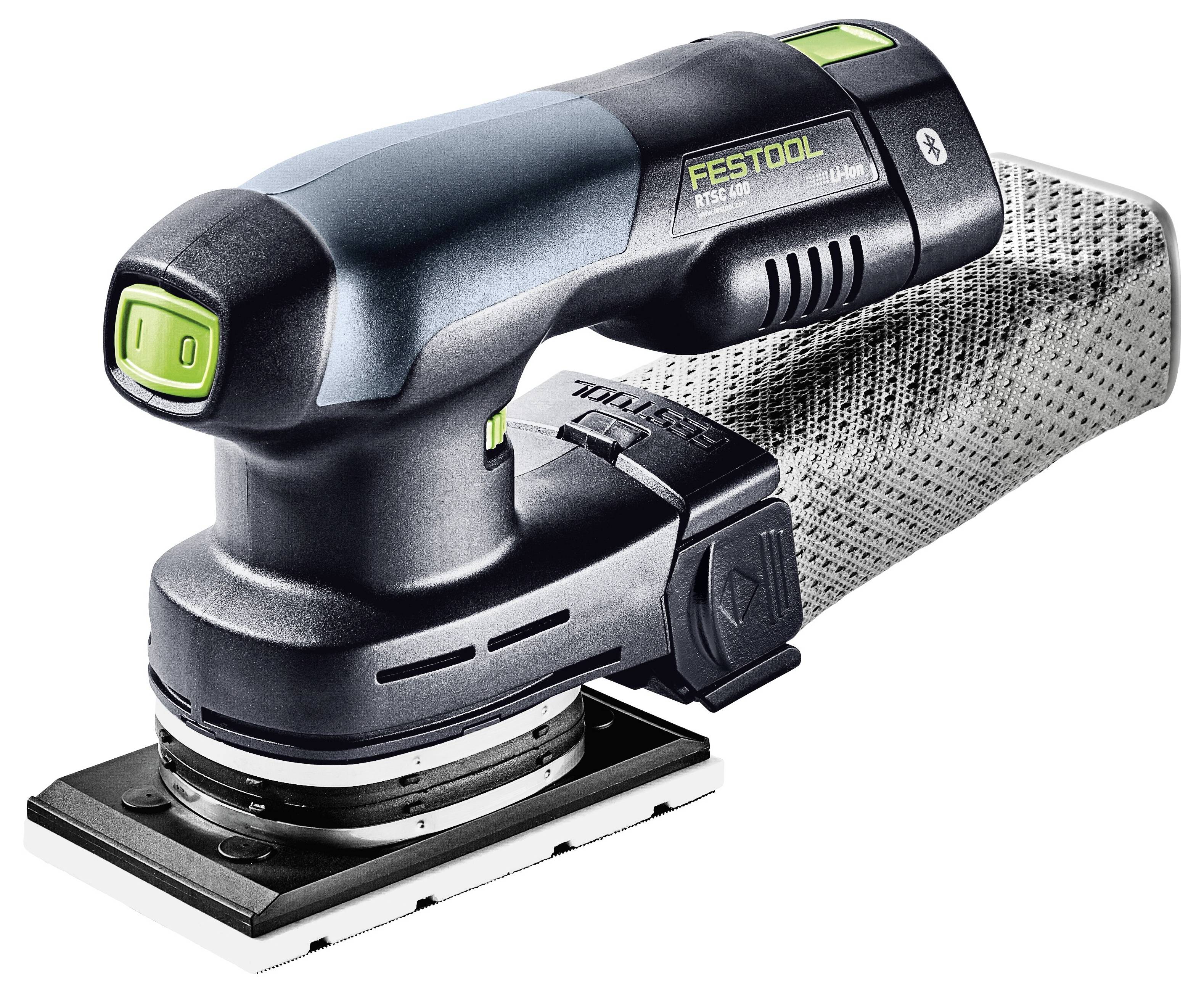 Sladdlös Festool RTS 400 slipmaskin med ergonomisk design, utrustad med en dammuppsamlingspåse, lämplig för små till medelstora träbearbetningsuppgifter.