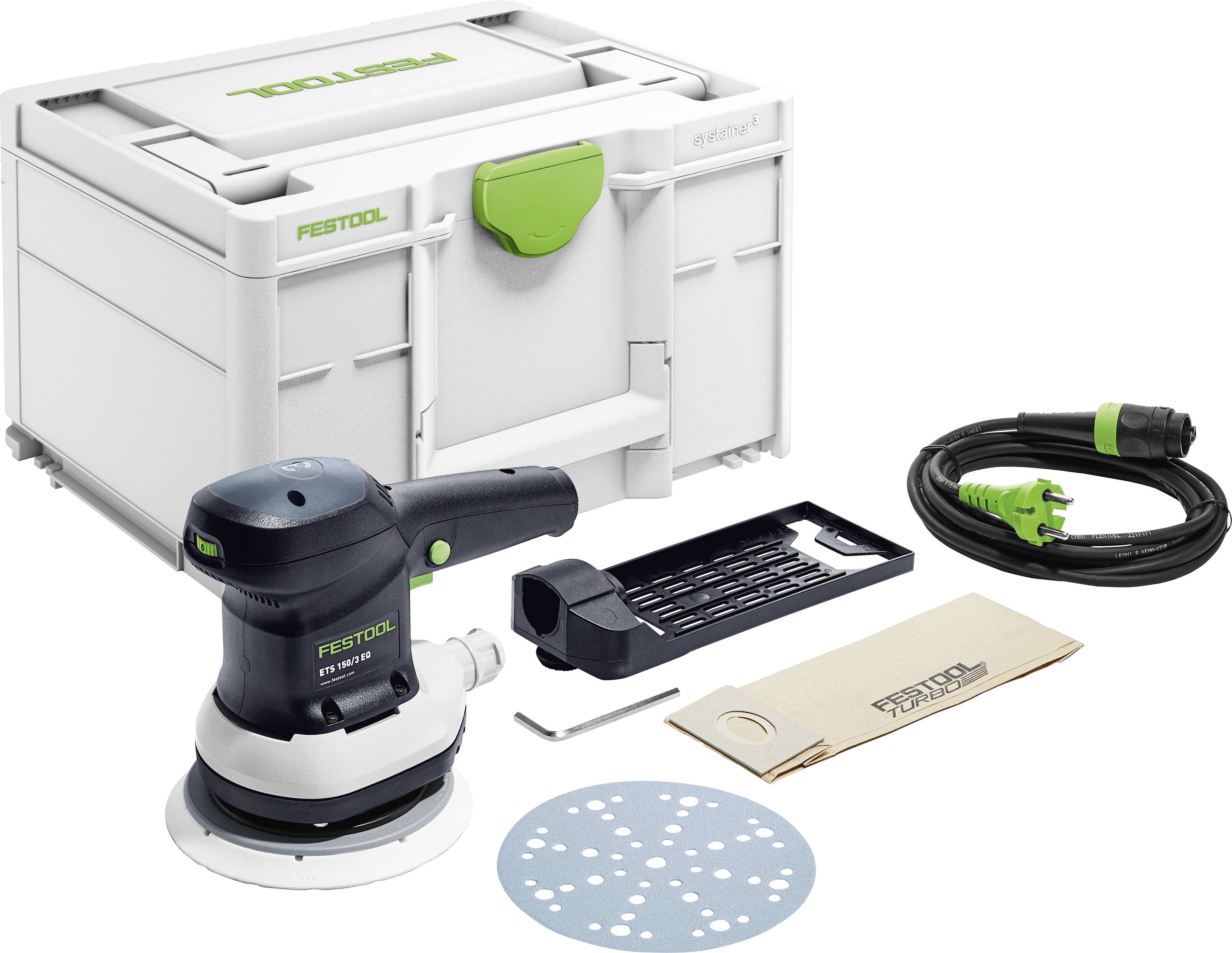 En orbital slipmaskin med tillbehör inklusive dammuppsugningspåse, strömkabel, slipskiva och förvaringsväska, märkt 'Festool'.