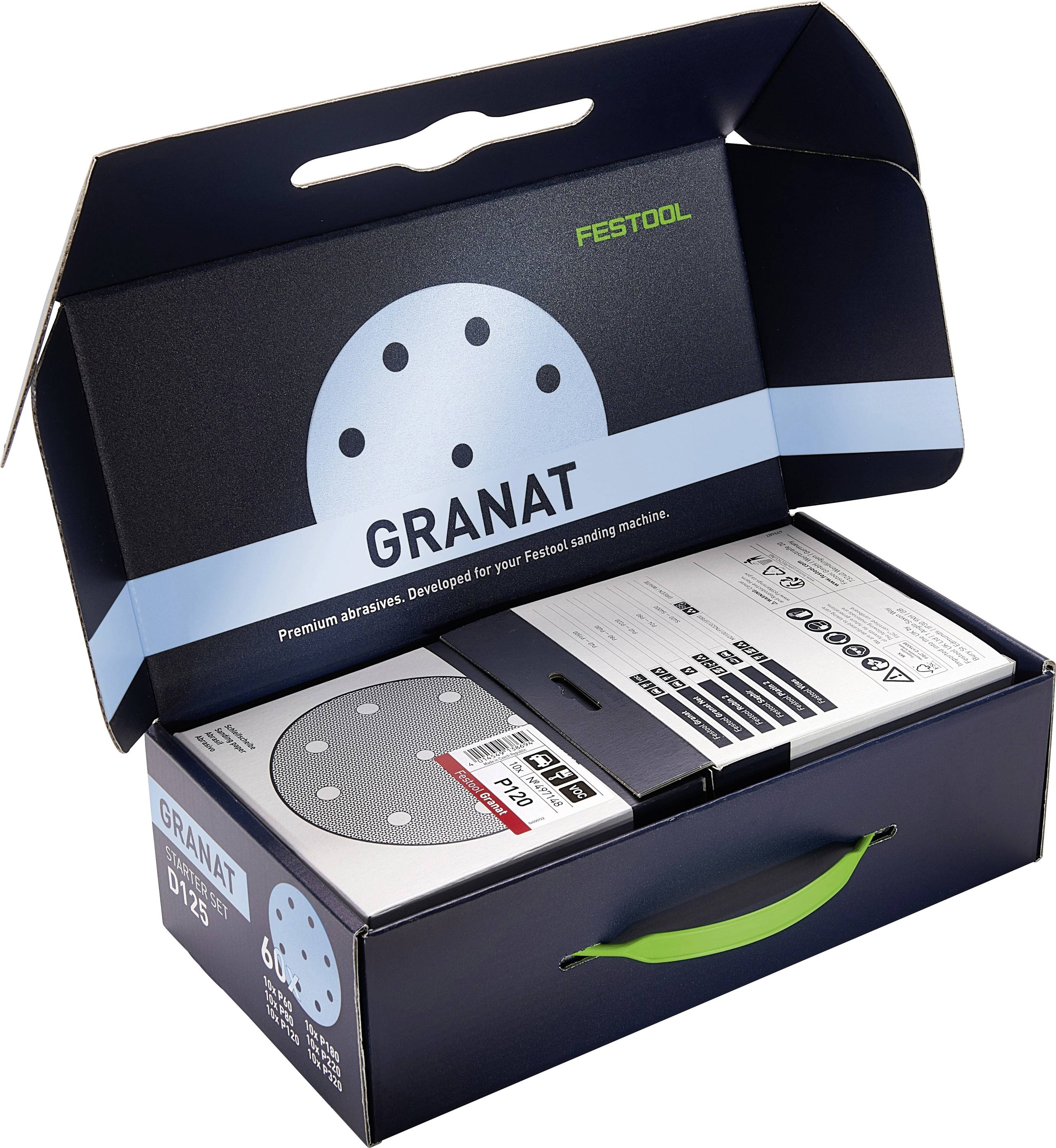 Öppen låda som visar Festool Granat slipskivor, framhäver premiumslipmedel. Innehåller en uppsättning cirkulära skivor avsedda för slipmaskiner.