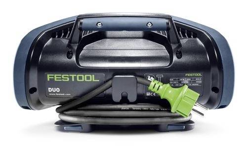 En Festool-märkt bärbar arbetslampa med en grön strömkontakt och spiralsladd.