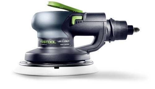 En elektrisk planslip i profilvy, med en grön knapp och märkt 'FESTOOL LEX 3 150/3'.
