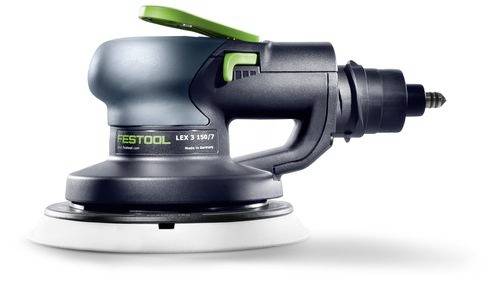 Festool LEX 3 150/7 pneumatisk slipmaskin på vit bakgrund, som visar dess ergonomiska design och cirkulära slipskiva.
