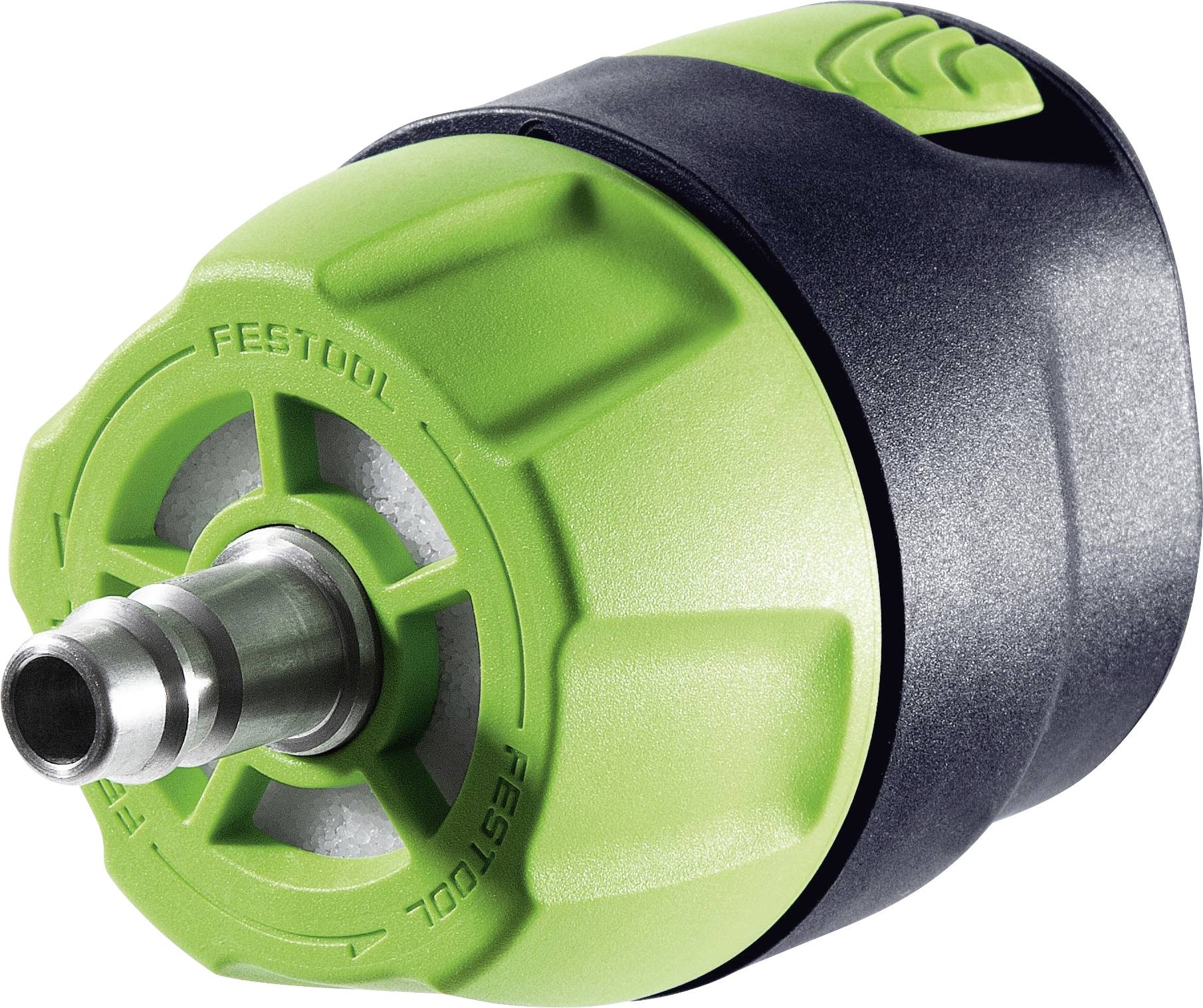 Ett grönt och svart Festool-tillbehör för elverktyg med ett metallmunstycke, använt för dammextrahering, sett från anslutningsänden.