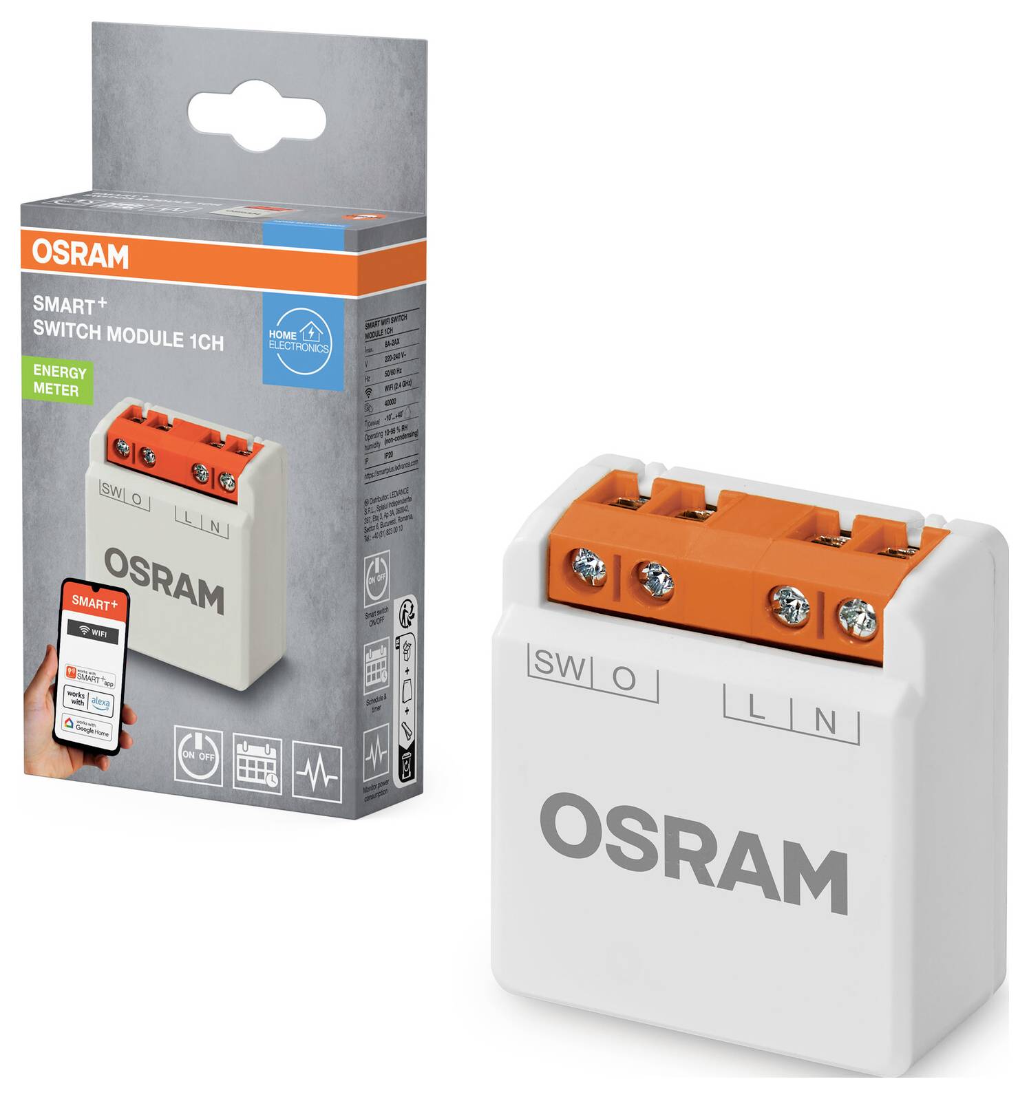 En smart switchmodul från OSRAM, konstruerad för energimätning. Bilden visar modulen och dess förpackning, med fokus på dess anslutningsfunktioner.