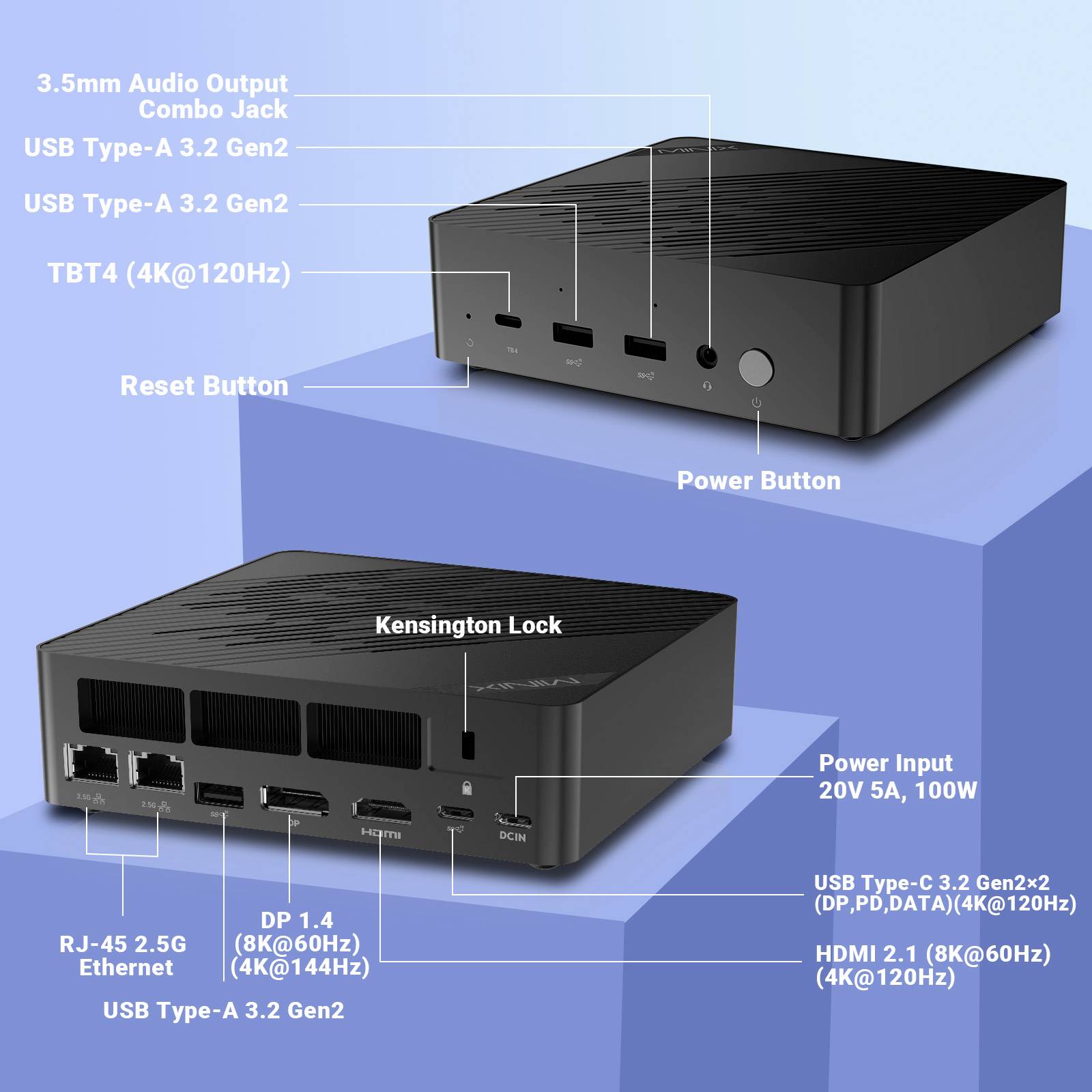 Svart rektangulär mini-PC med olika portar: USB Type-C, USB Type-A, HDMI, ethernet och 3,5 mm ljuduttag. Funktioner inkluderar strömingång, Kensington-lås, strömknapp och återställningsknapp.