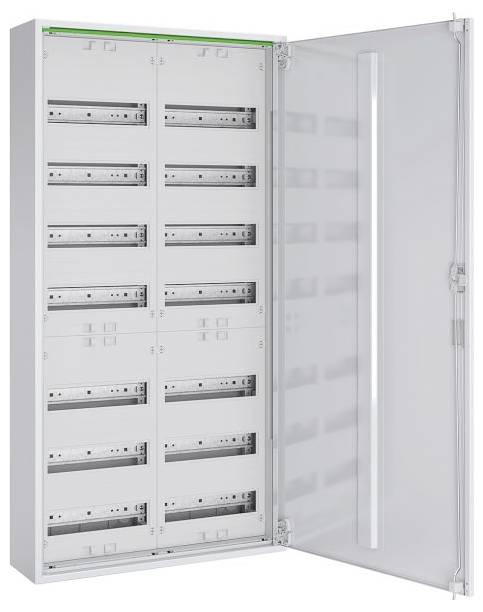 Ett öppet elskåp som visar flera rader av säkringsautomater och strömbrytare, använt för att kontrollera och distribuera elektricitet.