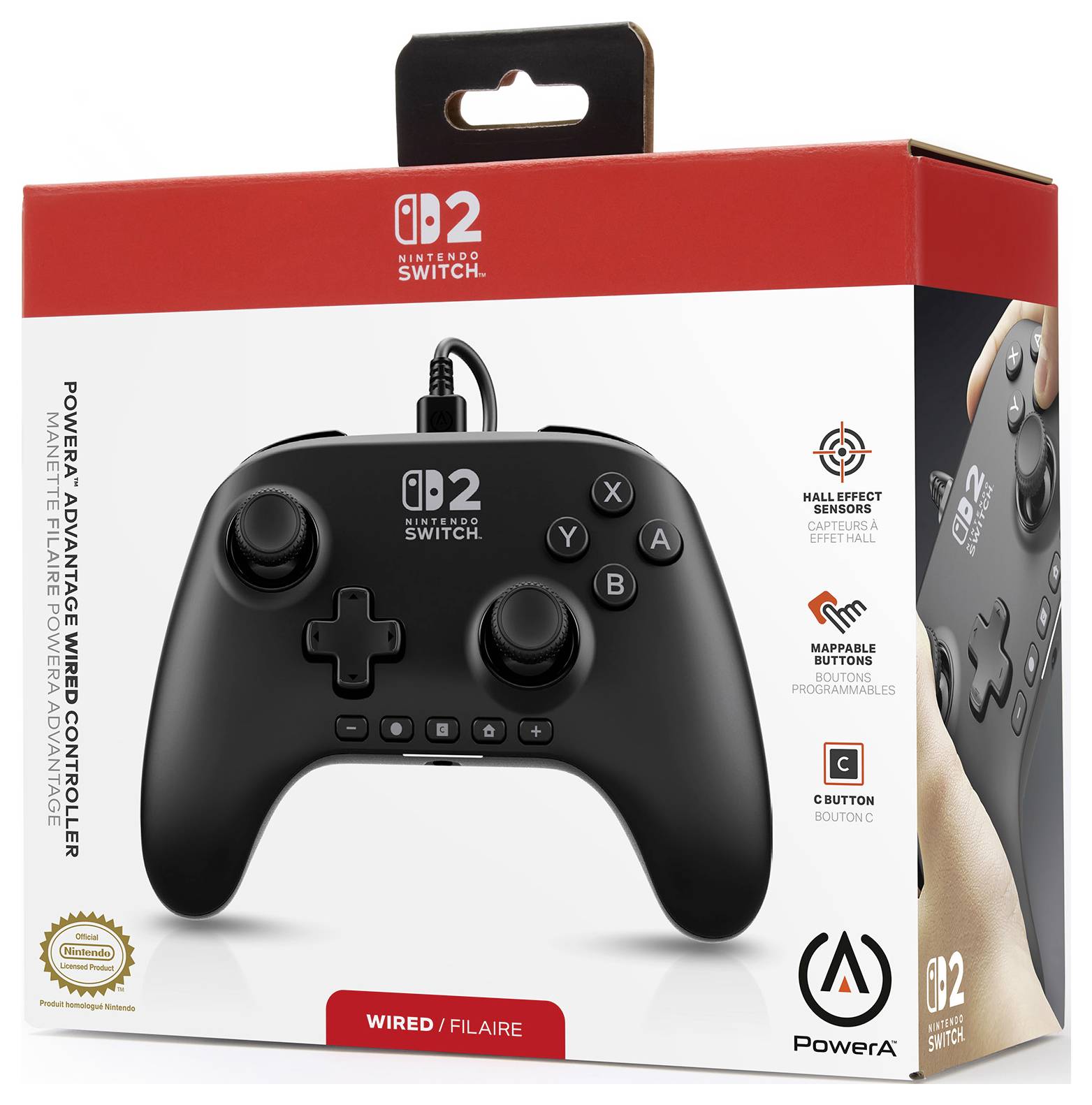 'Nintendo Switch PowerA Enhanced Wired Controller' som visar en svart handkontroll med programmerbara knappar och Hall Effect-teknologi.
