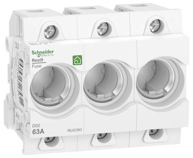 Ett trefasigt säkringsblock från Schneider Electric, modell Resi9, märkt '63A', med tre cylindriska säkringshållare placerade vertikalt.