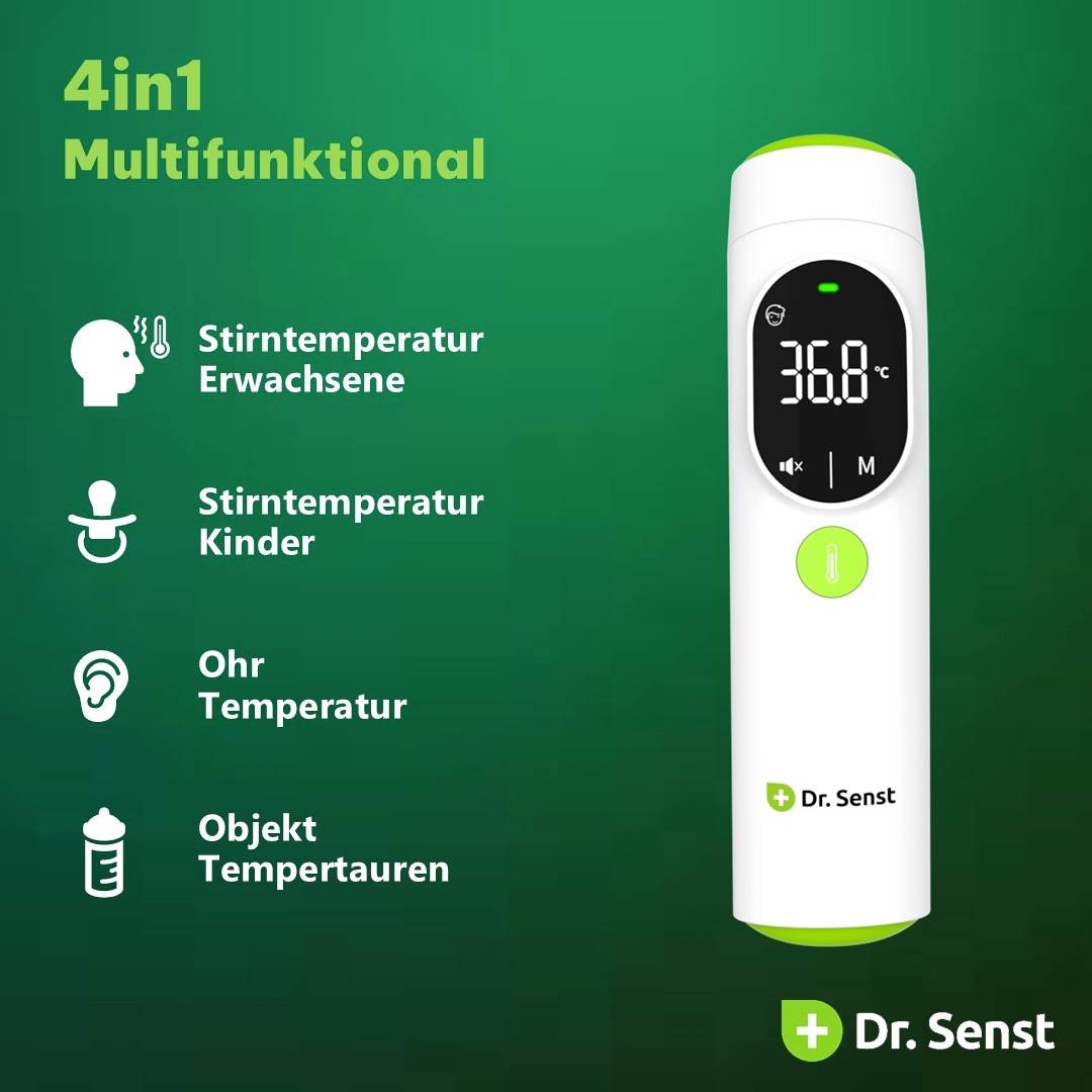Ett multifunktionellt termometer med display visar 36,8 °C. Funktioner: Panntemperatur för vuxna och barn, öron- och objekttemperaturmätning.