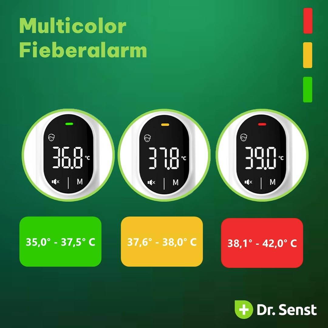 Tre digitala termometrar med färgkod för feberlarm: grön (normal), gul (lätt feber), röd (hög feber), var och en med temperaturintervall.