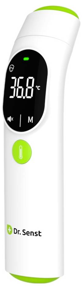 En digital termometer som visar '36.8°C' på skärmen, med en vit och grön design, märkt 'Dr. Senst'.