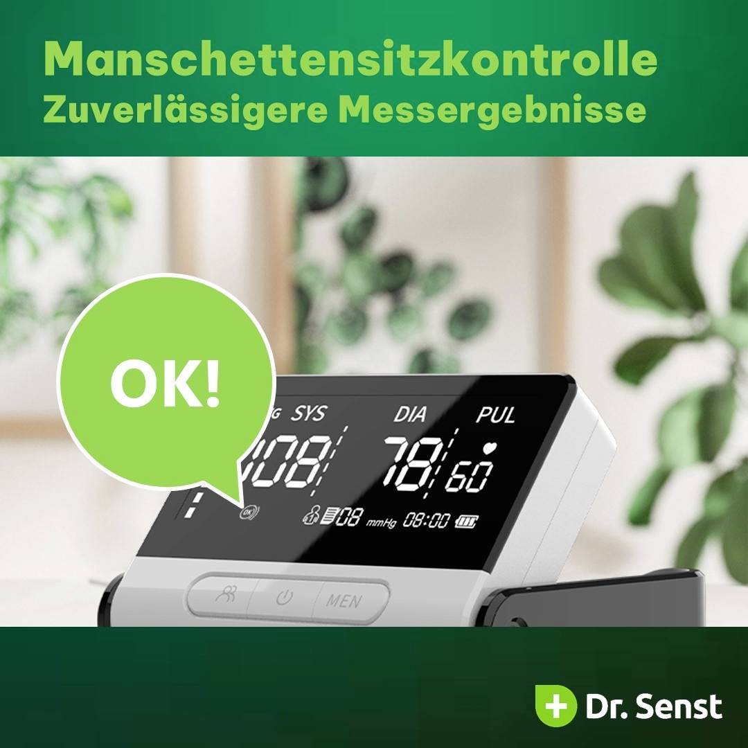 Manschettkontroll meddelar: 'OK!'. Digitalt blodtrycksmätare visar värden SYS 128, DIA 78, PUL 80. Dr. Senst-logotyp närvarande.
