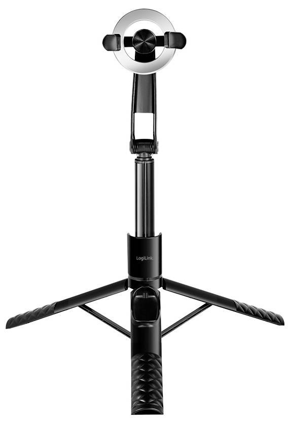 Ett svart trebent stativ med en cirkulär fästanordning längst upp, avsett för att hålla eller montera enheter som kameror eller mobiltelefoner.