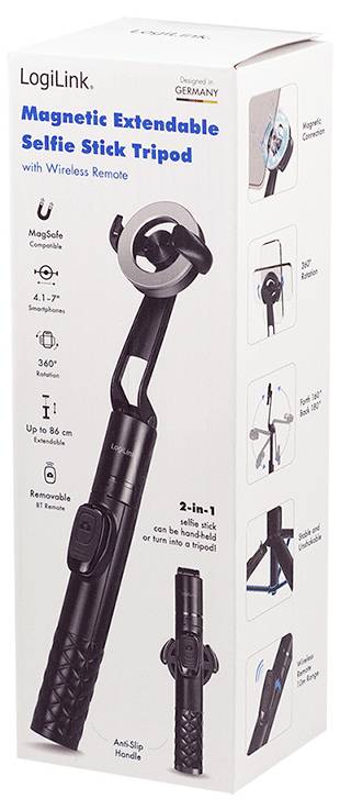 LogiLink Magnetisk Utdragbar Selfie Stick Stativ med fjärrkontroll, utdragbar upp till 86 cm, 360° rotation, tvåfunktionell design.