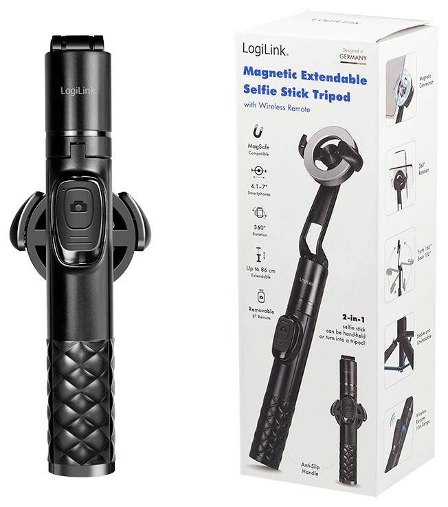 'LogiLink magnetisk utdragbar selfiestång/tripod' med trådlös fjärrkontroll, visas bredvid sin låda som visar produktegenskaper.
