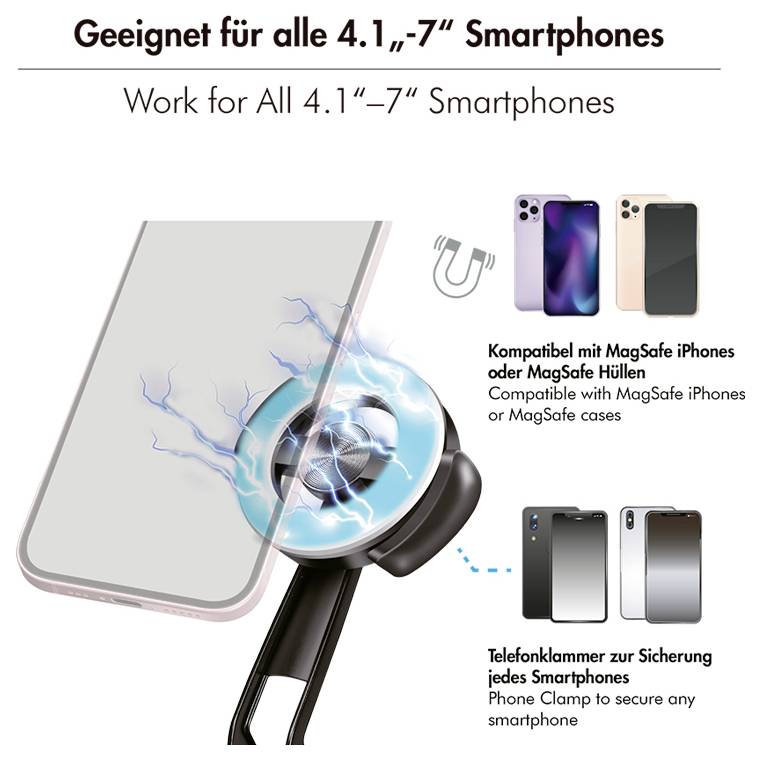 Magnetisk telefonhållare kompatibel med smartphones mellan 4,1"-7" och MagSafe-fodral. Inkluderar telefonklämma för säker fastsättning av valfri smartphone.