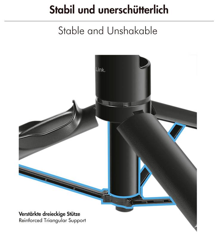 Robust svart trebent stativ med förstärkt triangulär stöddesign för förbättrad stabilitet.