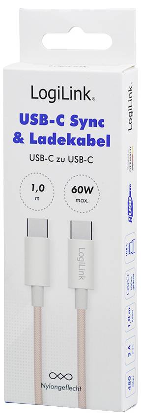LogiLink USB-C Sync & Charge-kabel, 1 meter lång, 60W max, USB-C till USB-C. Utrustad med nylonflätad design.
