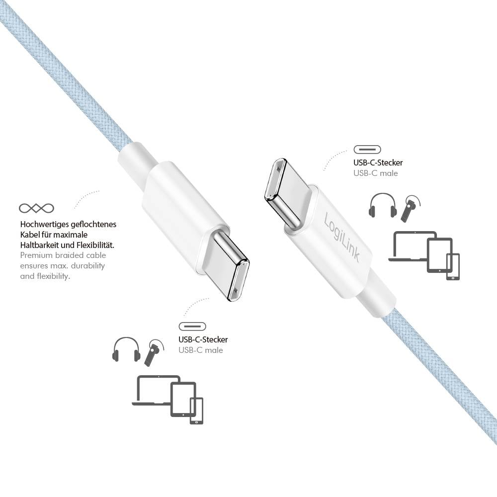 En premiumkabel i flätat utförande med USB-C som erbjuder maximal hållbarhet och flexibilitet; designad för anslutning till hörlurar, telefoner, surfplattor och bärbara datorer.