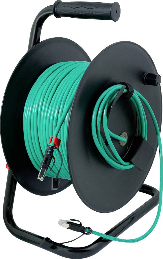 En svart kabeltrumma med en grön kabel noggrant upprullad runt sig. Kabeln avslutas med en kontakt och ett uttag, lämpligt för elektriska anslutningar.