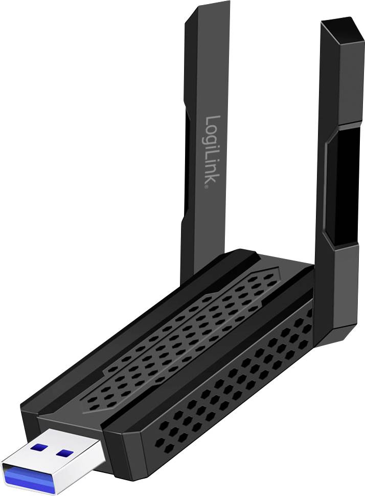En USB WiFi-adapter med vikbara antenner, utformad för att förbättra trådlös anslutning, märkt med 'LogiLink' på sidan.