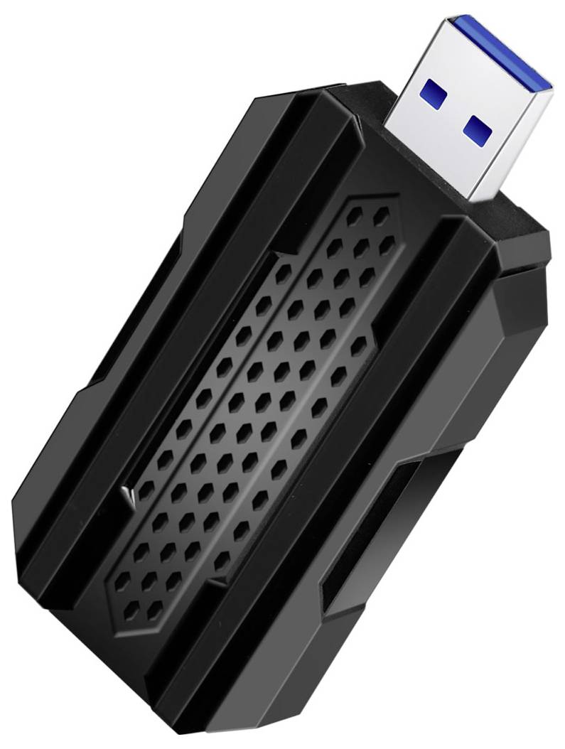 En svart USB-minnessticka med en blå kontakt, försedd med en texturerad design i mitten, något vinklad åt höger.