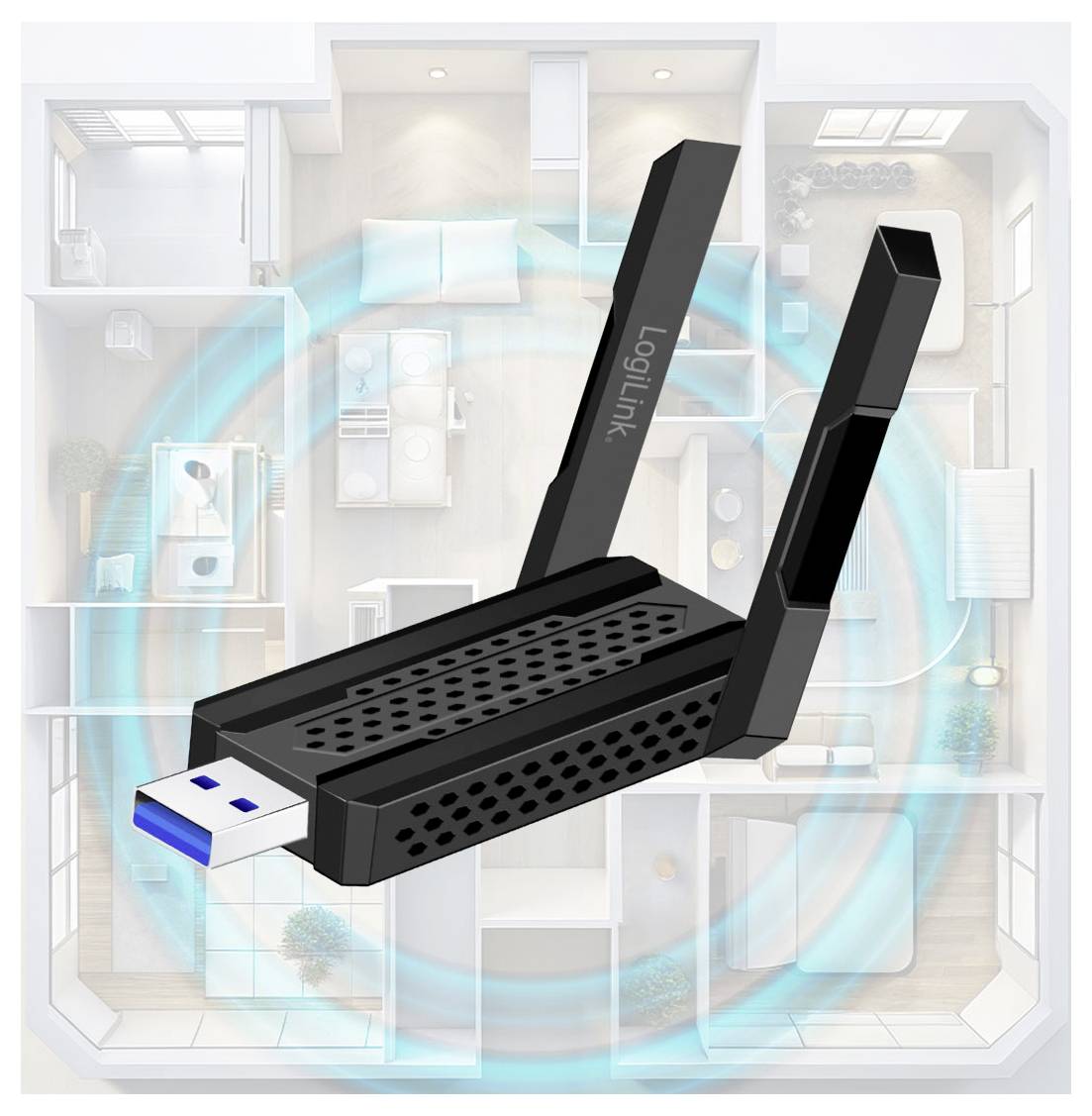 USB WiFi-adapter med dubbla antenner som svävar över en planritning och symboliserar förbättrad trådlös anslutning i hela hemmet.