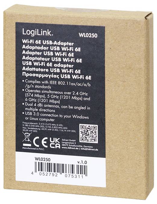 'LogiLink WL0250 Wi-Fi 6E USB-adapter-paket. Funktioner: IEEE 802.11ax, dubbelbandsstöd, 5 GHz och 2,4 GHz, USB 3.0.'