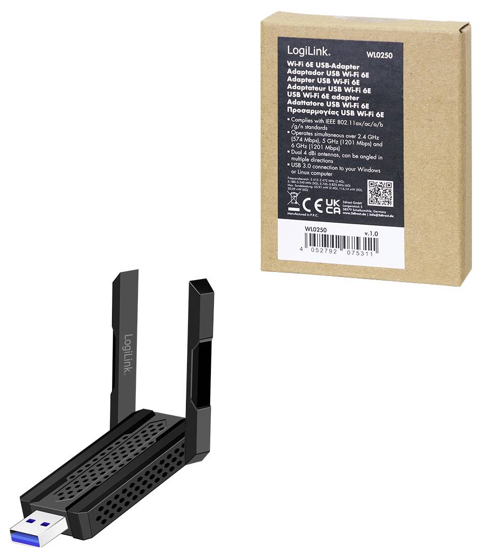 WiFi 6E USB-adapter från LogiLink, visad med förpackning. Kompakt, svart, designad för förbättrad trådlös anslutning på kompatibla enheter.