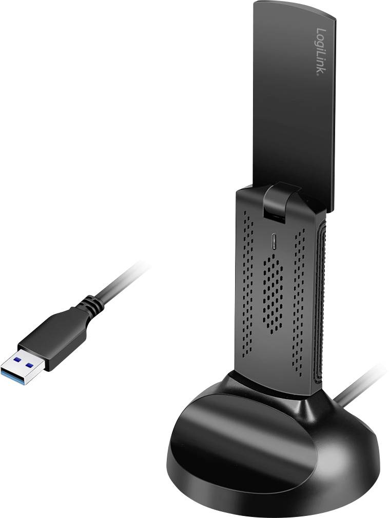 USB 3.0 WLAN-adapter med antenn placerad lodrätt på en rund svart bas, ackompanjerad av en USB-kabel för anslutning.