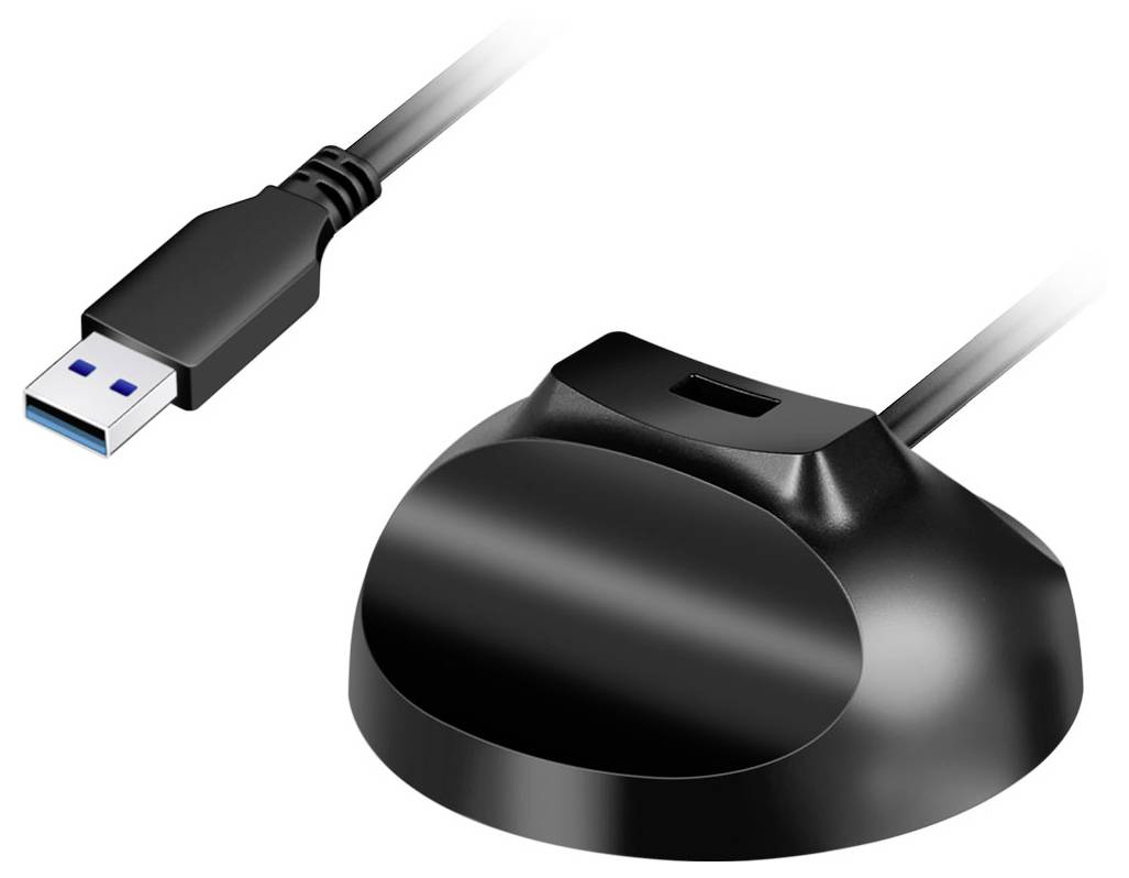 En USB-kortläsare med en svart bas och en USB 3.0-kontakt, konstruerad för anslutning till datorer för dataöverföring.