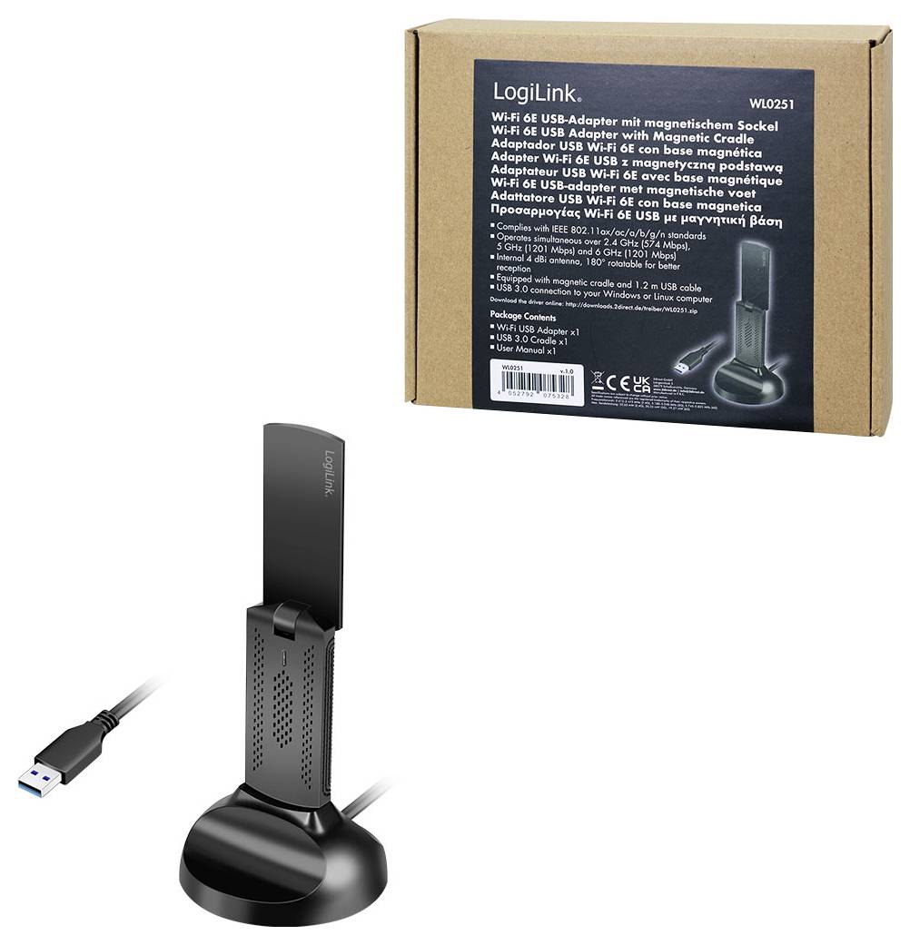 LogiLink WiFi 6 USB-adapter med magnetisk hållare som visar adapterinställningar, förpackningen innehåller flerspråkiga specifikationer.
