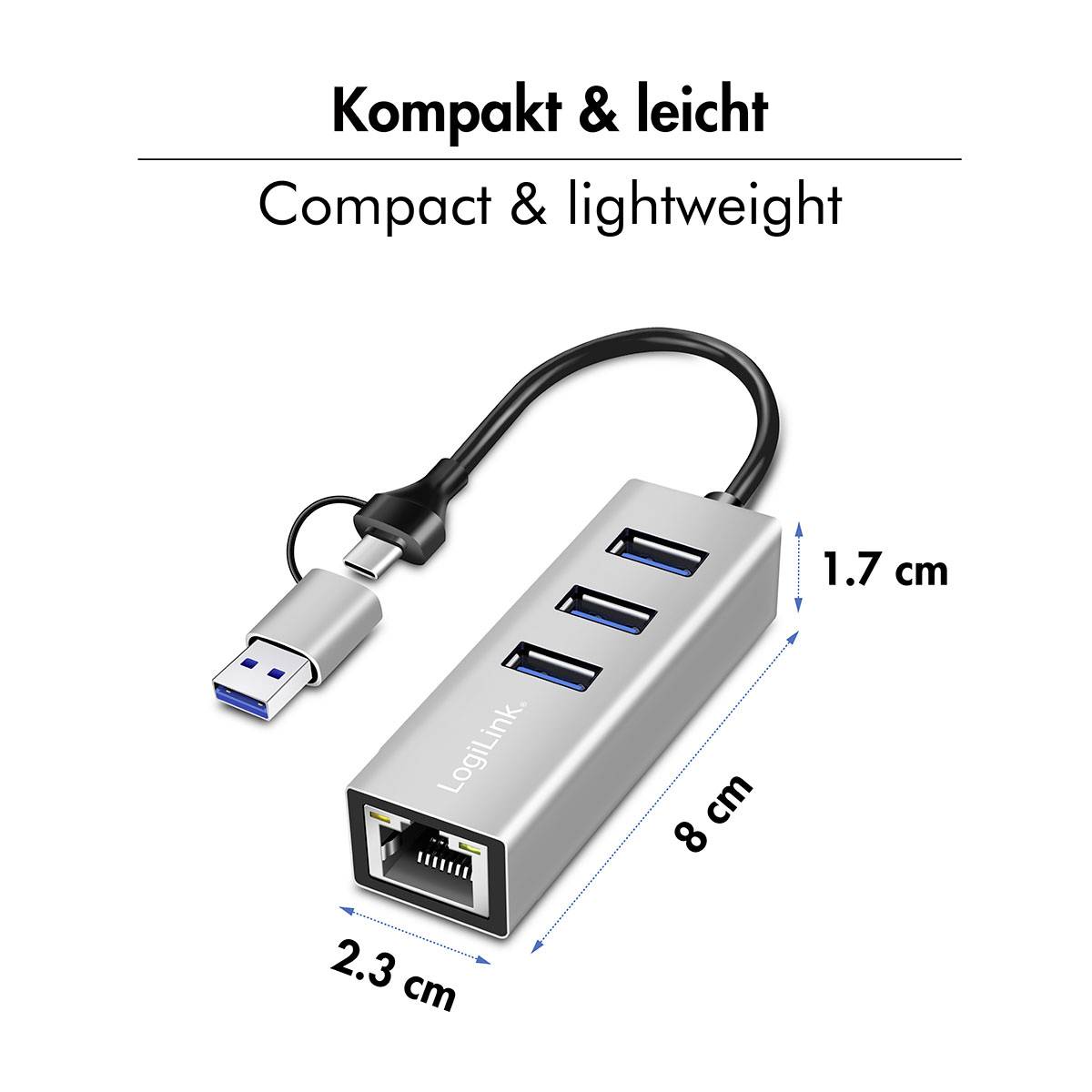 USB till Ethernet-adapter med tre USB-portar, märkt 'LogiLink', dimensioner 8 cm x 2,3 cm x 1,7 cm, kompakt och lättviktig design.