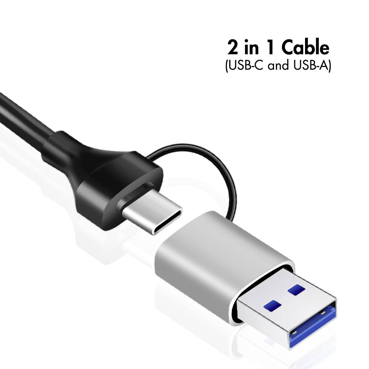 2-i-1-kabel (USB-C och USB-A) med två kontakter, där en USB-C-kontakt med vändbar sida sitter på ena änden och en USB-A-adapter på den andra änden.