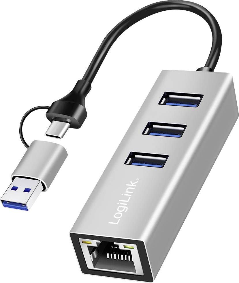 En USB-hubb med tre USB-portar och en Ethernetport, märkt 'LogiLink', ansluten via en kort USB-kabel.