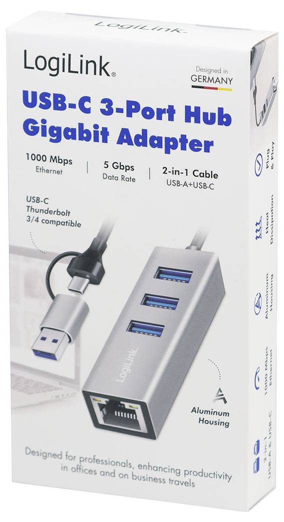 LogiLink USB-C 3-portars hubb Gigabit-adapter med 5 Gbps dataöverföringshastighet, 1000 Mbps Ethernet, USB-A-kompatibilitet, aluminiumhölje.