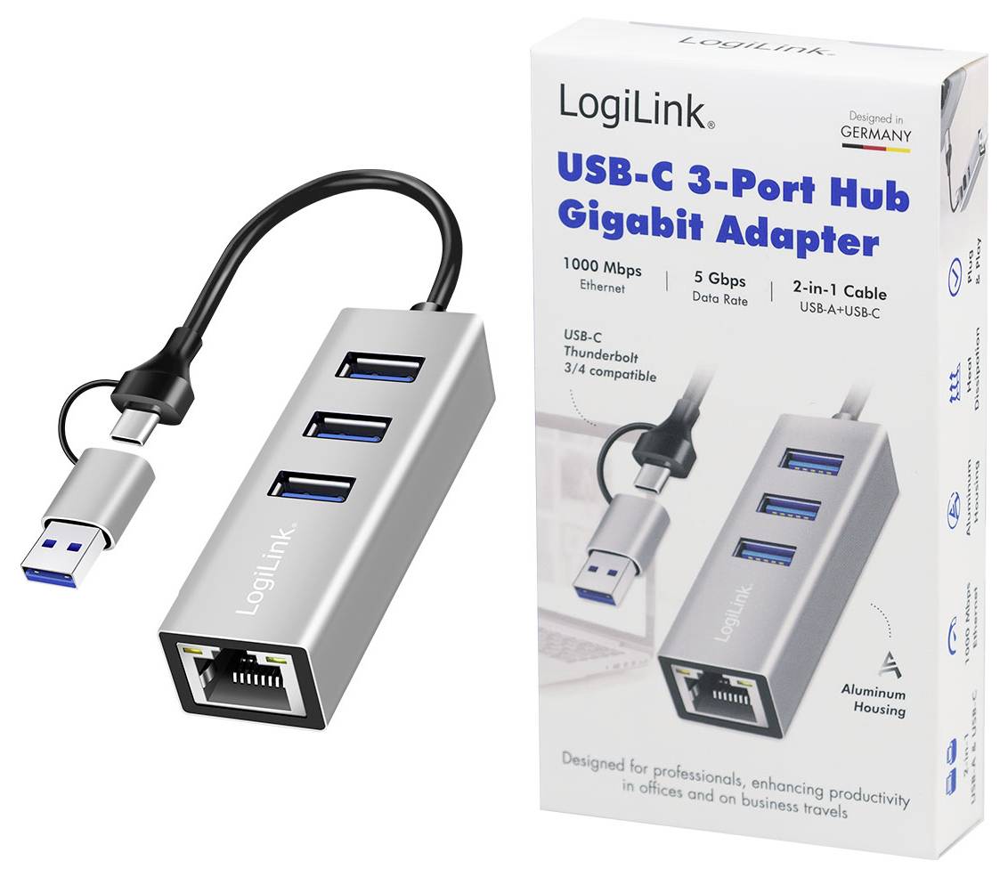 USB-C 3-ports hubb Gigabit-adapter från LogiLink, visas med förpackning. Inkluderar 3 USB-portar och Ethernet, stöder dataöverföring med hög hastighet.