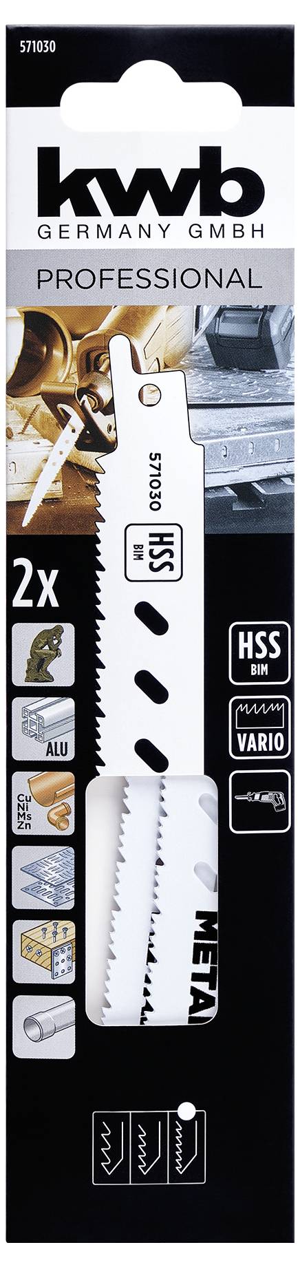 'KWB Germany GmbH professionellt paketet med sågblad för sticksåg, innehåller bilder och ikoner för användning på trä, metall, aluminium och specifikationer för blad.'