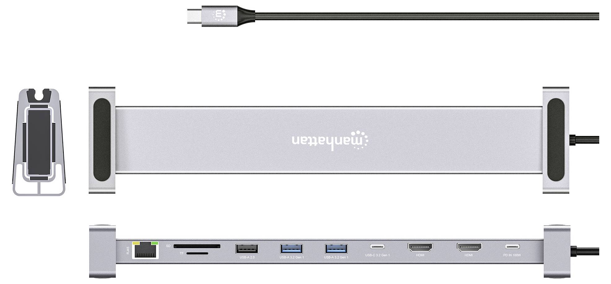 'Manhattan' dockningsstation som visar USB-C-anslutning, med flera portar inklusive HDMI, USB, Ethernet och SD-kortplatser; elegant, metallisk design.