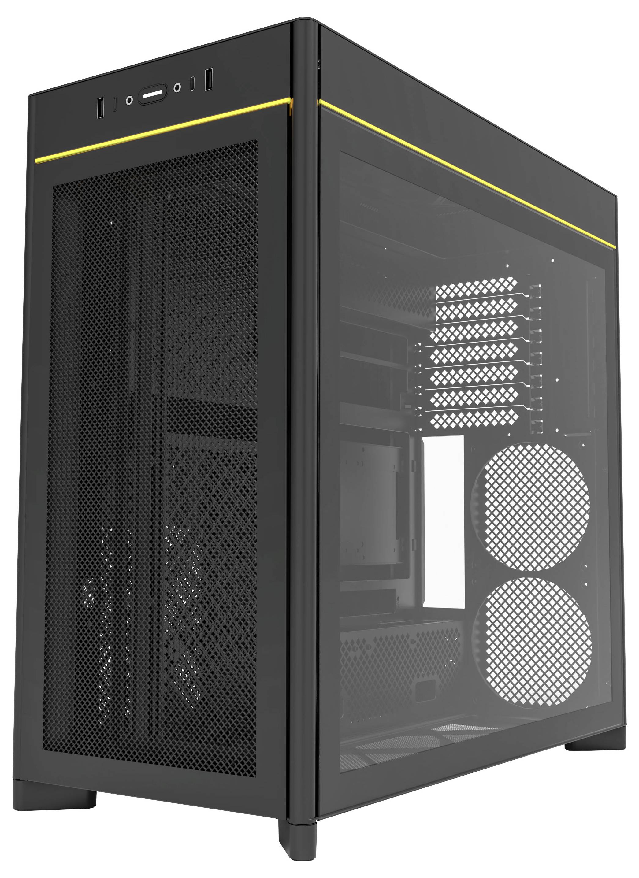 Ett svart datortornhödje med ett meshförsett frontpanel och två synliga fläktar inuti, lämplig för gaming eller högpresterande datorkörning.