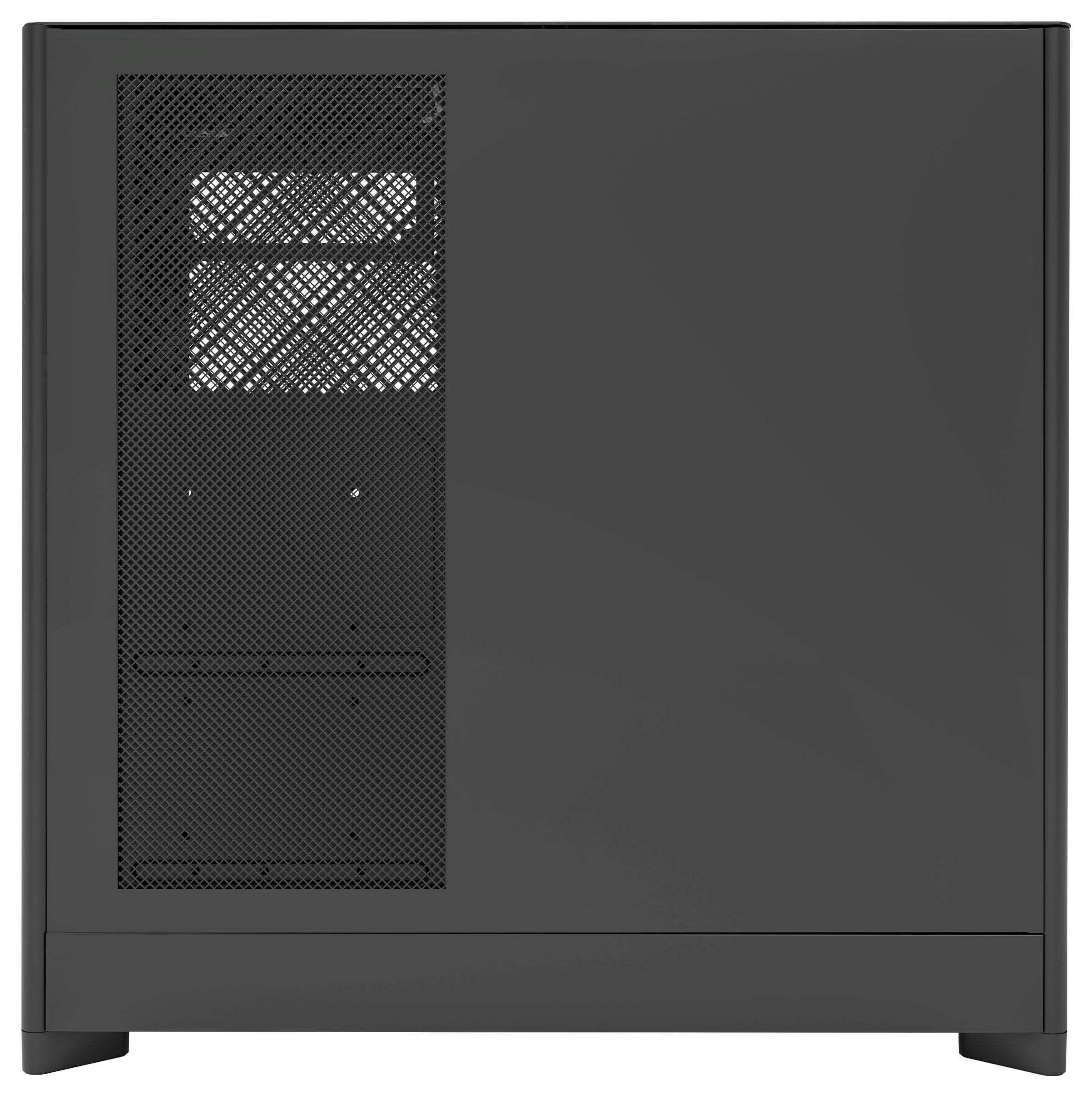 Ett elegant svart datorhöljt med en nätpanel på sidan för ventilation, som visar utrymme för komponenter inuti.