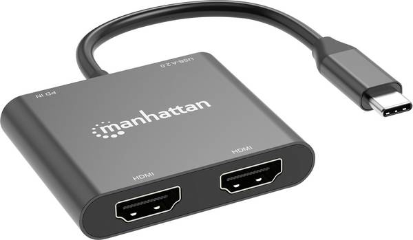 Manhattan USB 2.0 Adapter [1x USB-C® hane - 4x HDMI hona, USB 2.0 A hona, USB-C® hona (Power Delivery) ]  15 cm 4K UHD, Tillämplig kontakt på båda sidor, med laddningsuttag