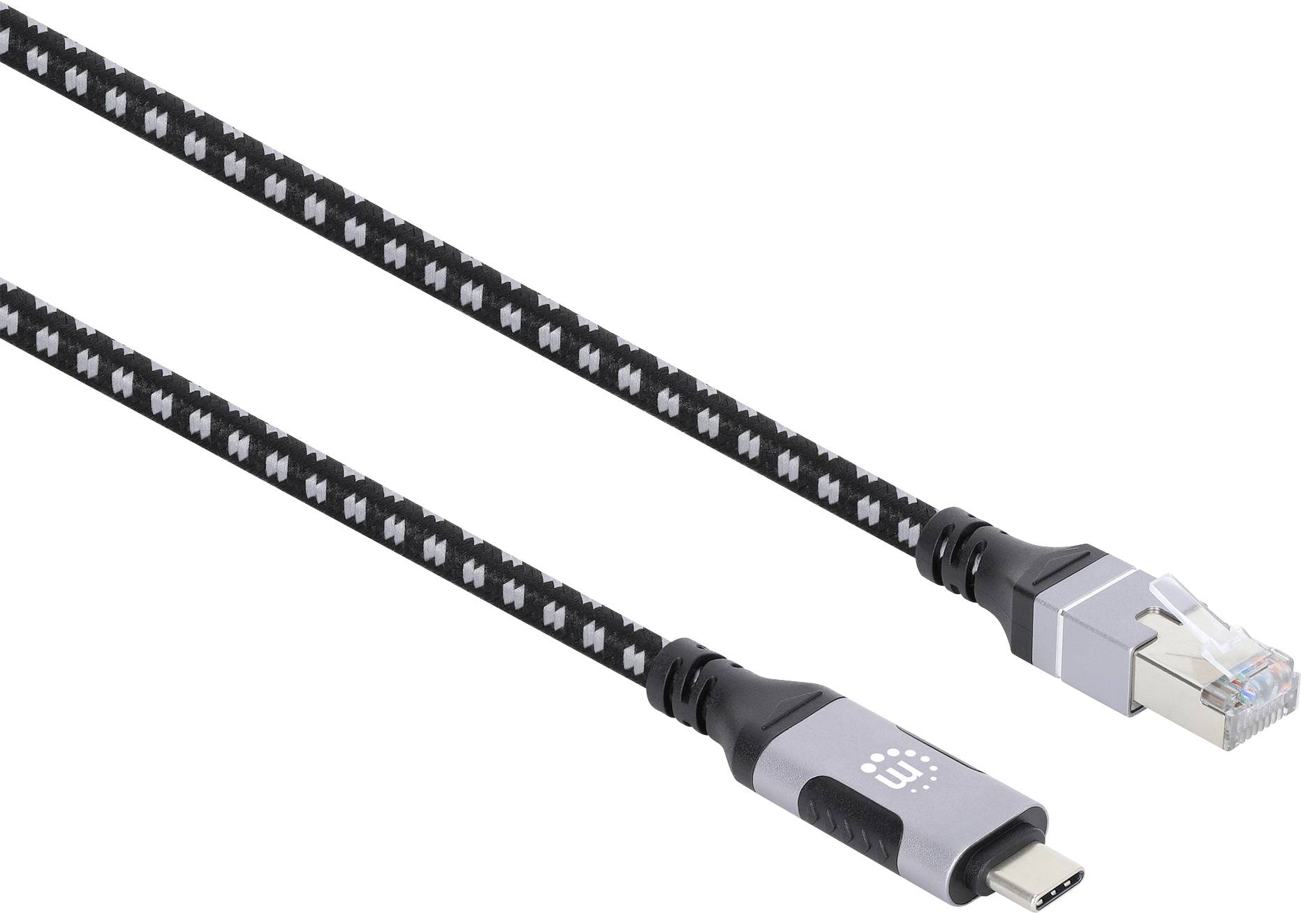 En svart flätad nätverkskabel med en USB-C-kontakt på ena änden och en Ethernet-kontakt på den andra, använd för höghastighets internetåtkomst.