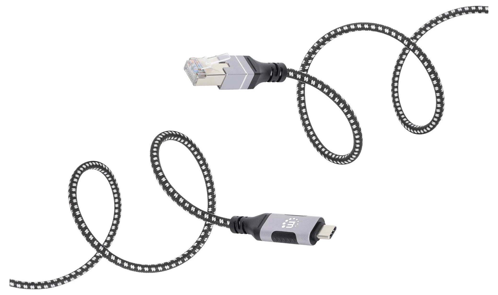 En krökt kabel med en Ethernet-kontakt på ena änden och en HDMI-kontakt på den andra, som illustrerar kablarnas mångsidighet.