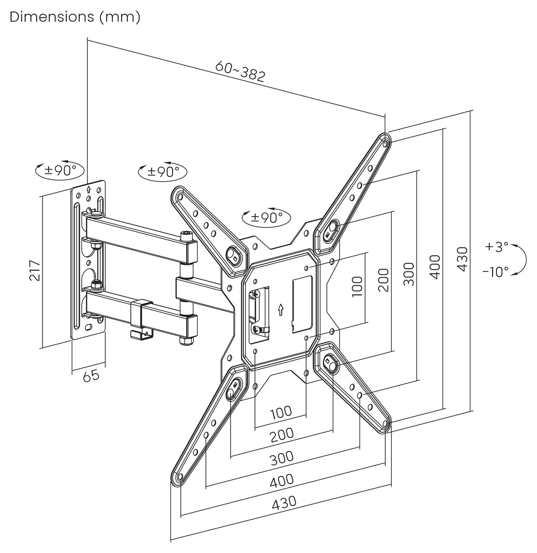 Illustration av ett justerbart väggfäste för skärmar, som visar dimensioner i millimeter: utdragbara armar, vrid- och lutningsvinklar.