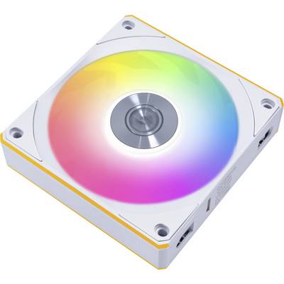 En datorkylfläkt med flerfärgade LED-lampor, som främst visar en gradient av orange, gula och rosa nyanser.