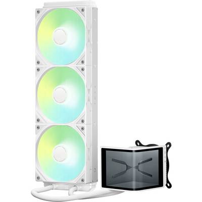 Ett vitt datorkylsystem med tre RGB-upplysta fläktar och en matchande pumpenhet, konstruerad för effektiv värmeavledning.