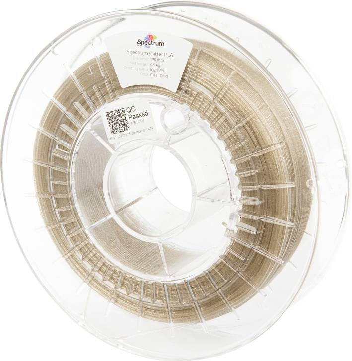 En rulle ljusbrun Spectrum Glitter PLA 3D-utskriftsfilament, 1,75 mm diameter, 1 kg, märkt med QR-kod och klistermärke som visar godkänd kvalitetskontroll.