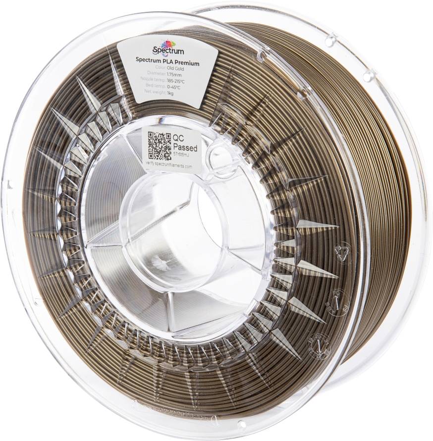En rulle brun Spectrum PLA Premium 3D-printningsfilament, märkt med produktdetaljer och en QC Godkänd-etikett, förpackad i genomskinlig plast.